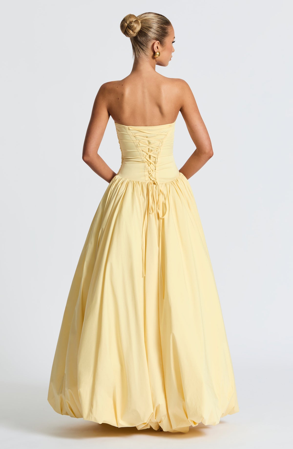 Strapless Ruched Dropped Waist High Slit Voluminous Maxi Gown