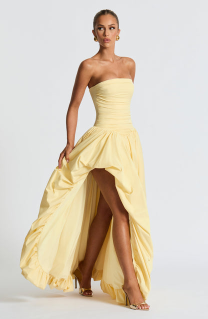 Strapless Ruched Dropped Waist High Slit Voluminous Maxi Gown