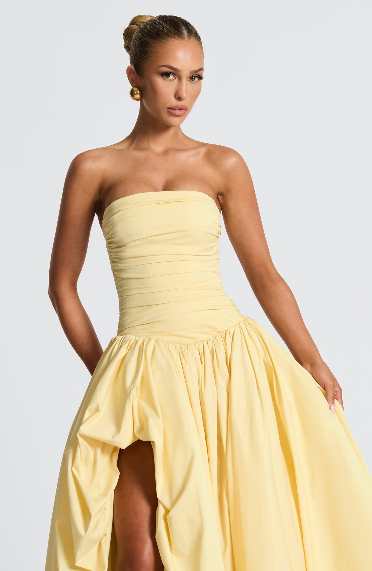 Strapless Ruched Dropped Waist High Slit Voluminous Maxi Gown