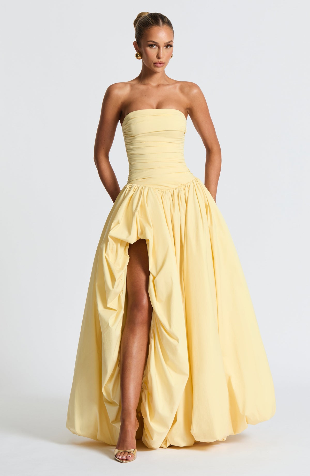 Strapless Ruched Dropped Waist High Slit Voluminous Maxi Gown