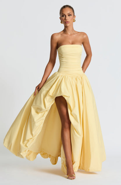 Strapless Ruched Dropped Waist High Slit Voluminous Maxi Gown