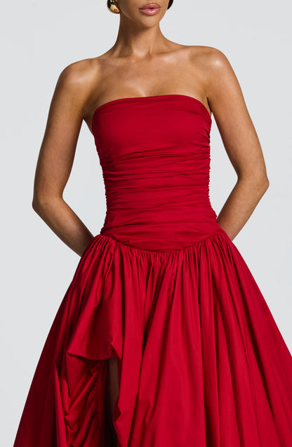 Strapless Ruched Dropped Waist High Slit Voluminous Maxi Gown