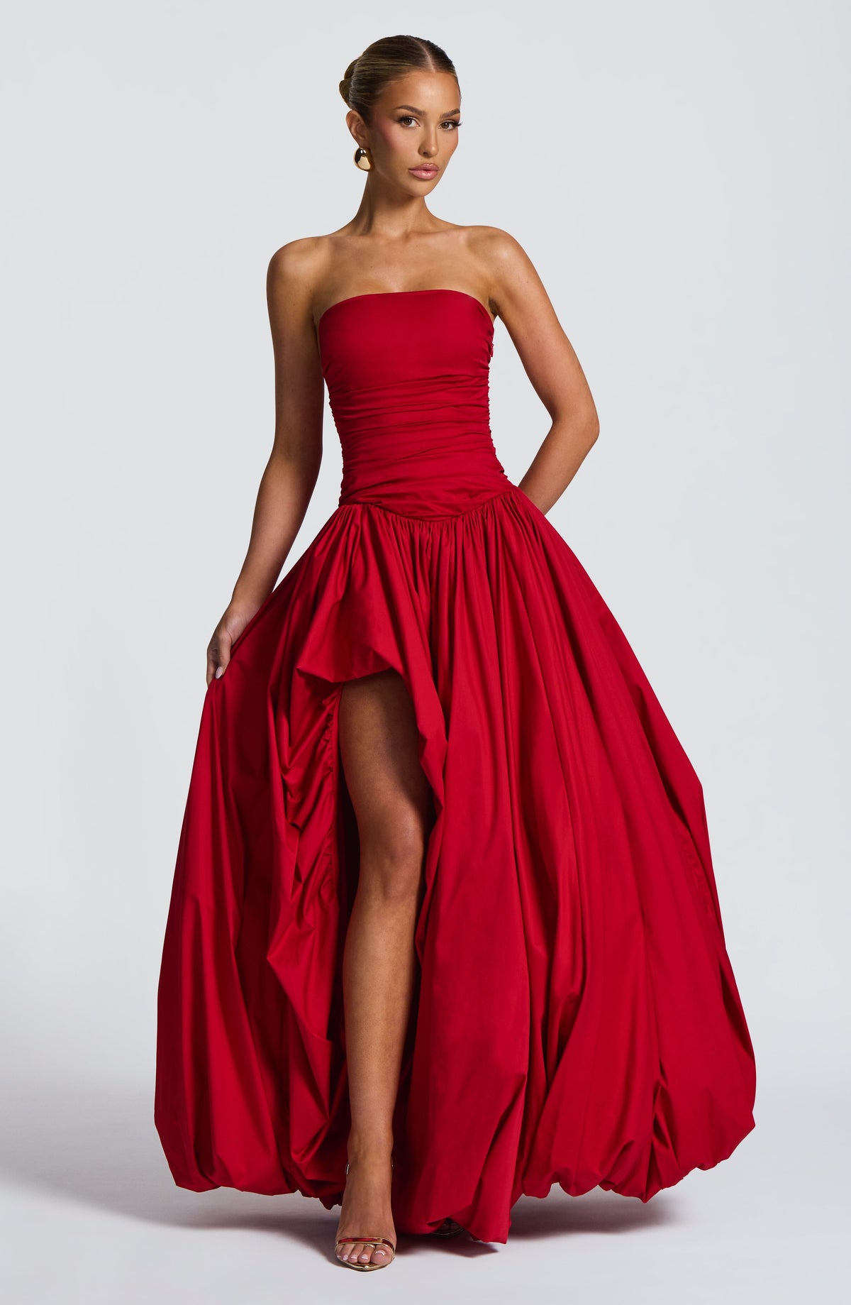 Strapless Ruched Dropped Waist High Slit Voluminous Maxi Gown