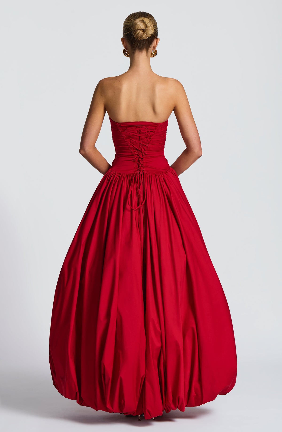 Strapless Ruched Dropped Waist High Slit Voluminous Maxi Gown