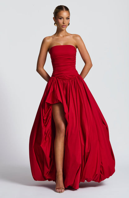 Strapless Ruched Dropped Waist High Slit Voluminous Maxi Gown