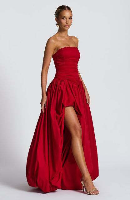 Strapless Ruched Dropped Waist High Slit Voluminous Maxi Gown