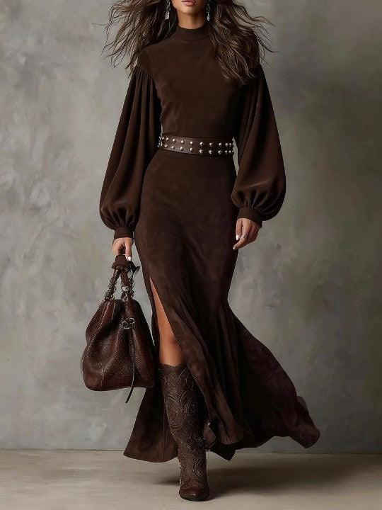 Lantern Sleeve Zip Neck Midi Dress