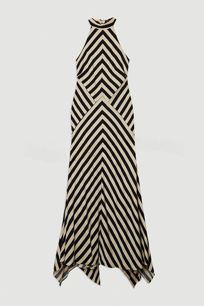 Modern Perfection Geometric Stripes Print Open Back Irregular Hem Maxi Dress