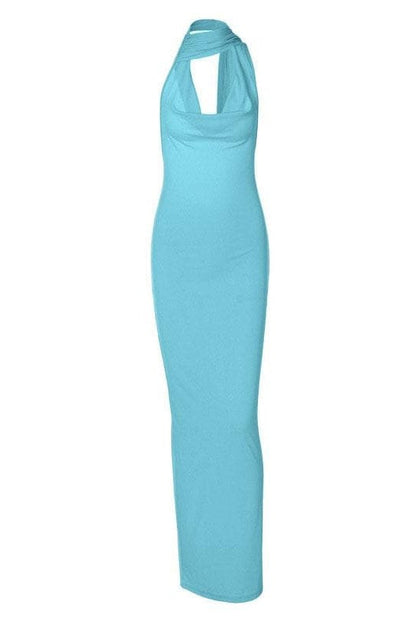 Halter Choker Cowl Neck Rib Knit Backless Bodycon Maxi Dress