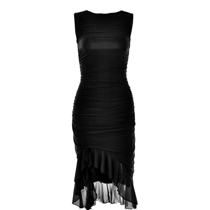 Ruched Sleeveless Ruffle Zip Up Backless Midi Dress