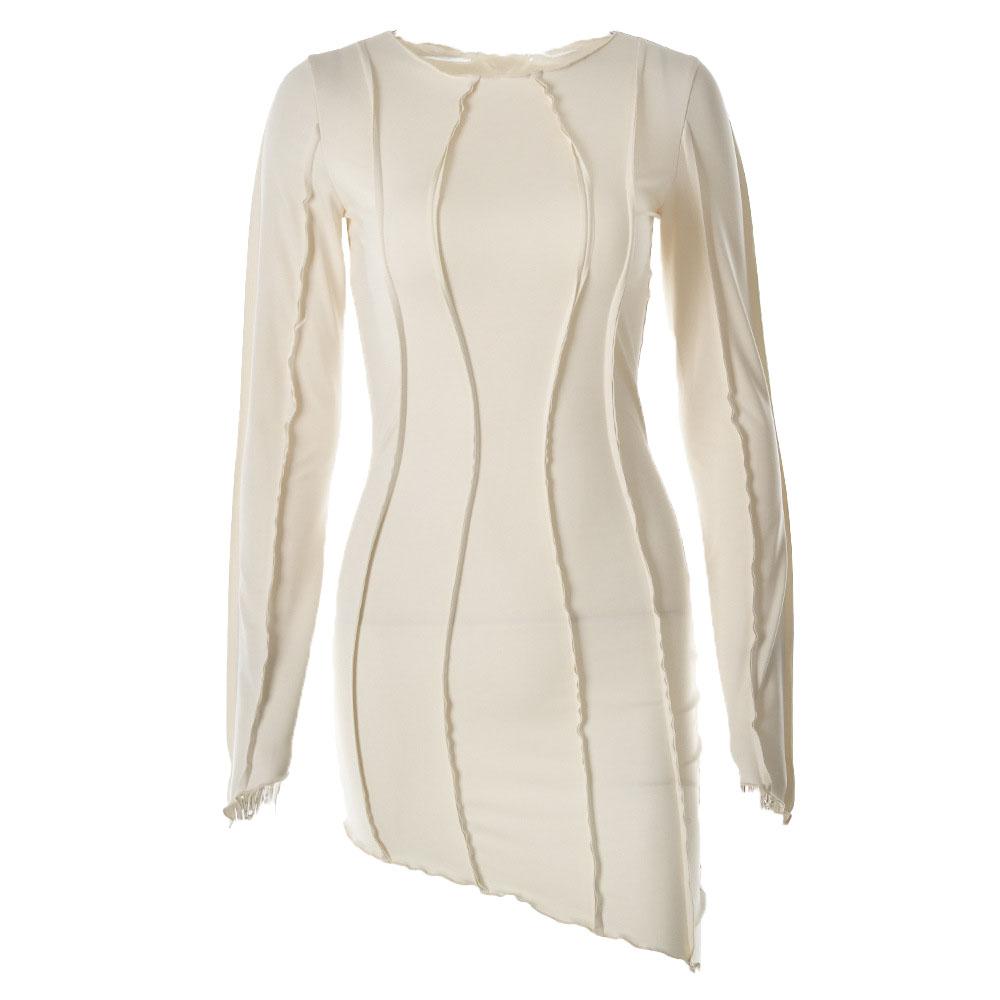 Crew Neck Exposed Wavy Seam Raw Edge Asymmetrical Hem Bodycon Mini Dress