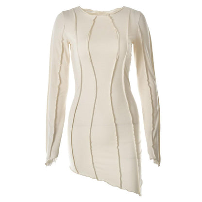 Crew Neck Exposed Wavy Seam Raw Edge Asymmetrical Hem Bodycon Mini Dress