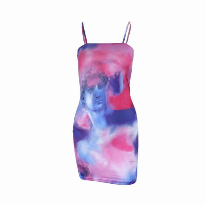 Spaghetti Strap David Bust Graphic Watercolor Bodycon Mini Dress