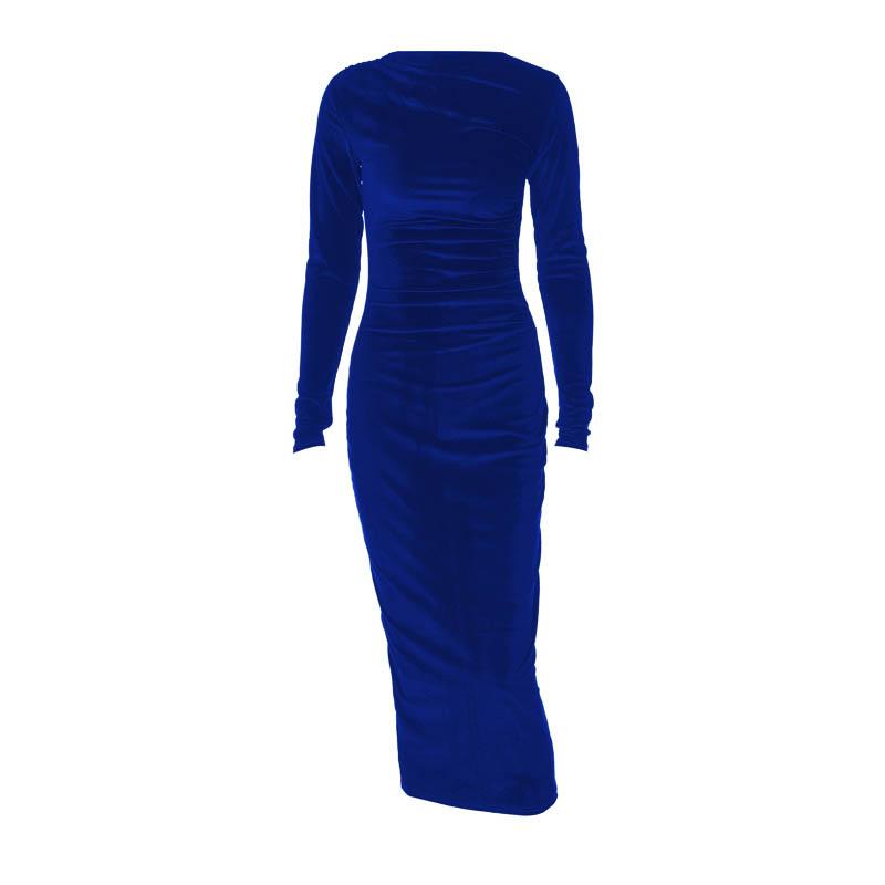 Crew Neck Ruched Velvet Long Sleeve Bodycon Midi Dress