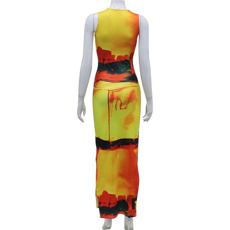 Abstract Spiral Print Crew Neck Tank Bodycon Maxi Dress