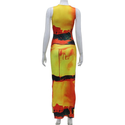 Abstract Spiral Print Crew Neck Tank Bodycon Maxi Dress