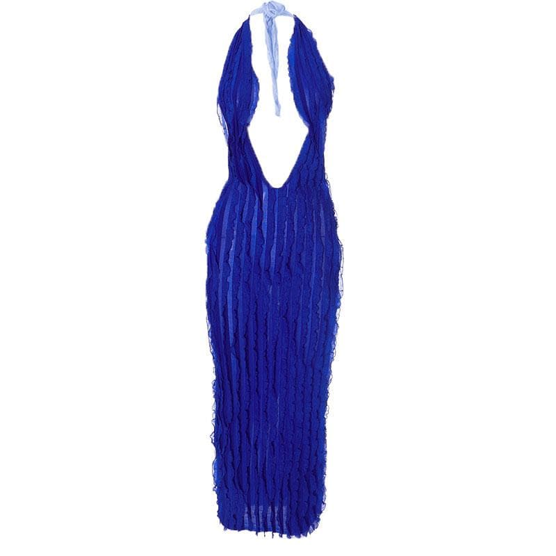 Halter Deep Plunge U Neck Vertical Ruffle Mesh Bodycon Maxi Dress