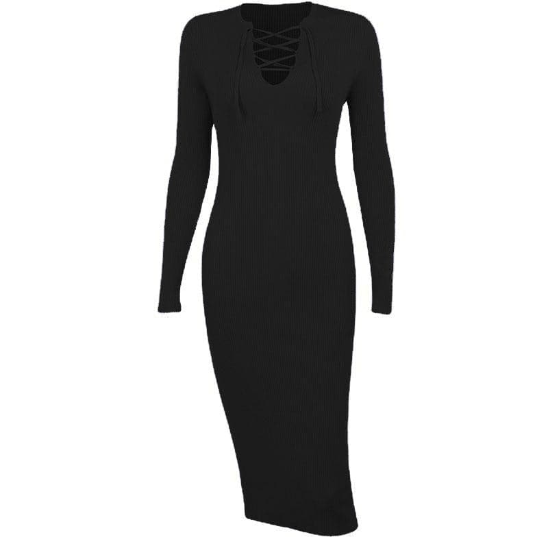 Round Neck Long Sleeve Ribbed Lace Up Chest Cutout Midi Dress