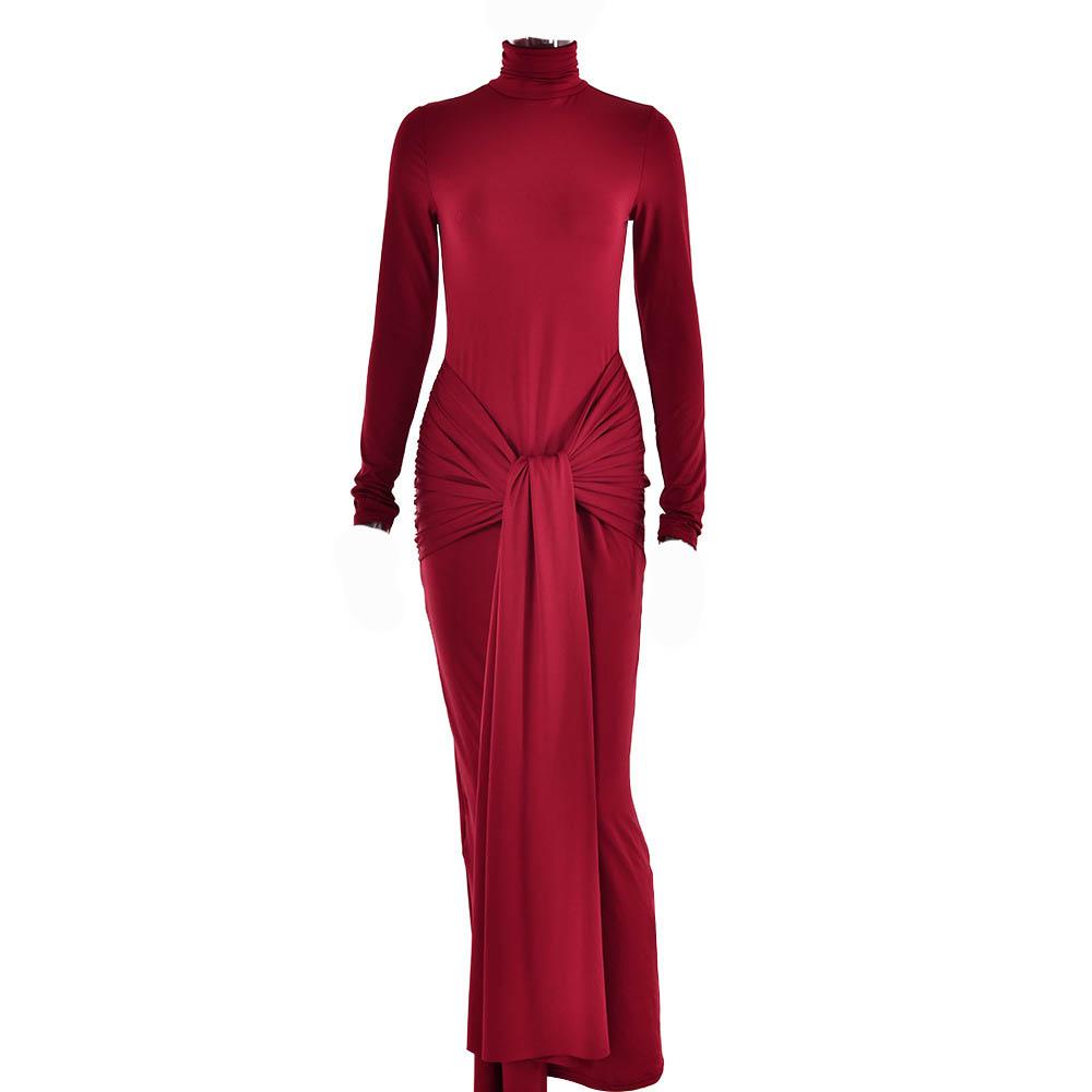 Mock Neck Ruched Self-Tie Drape Panel Bodycon Maxi Dress