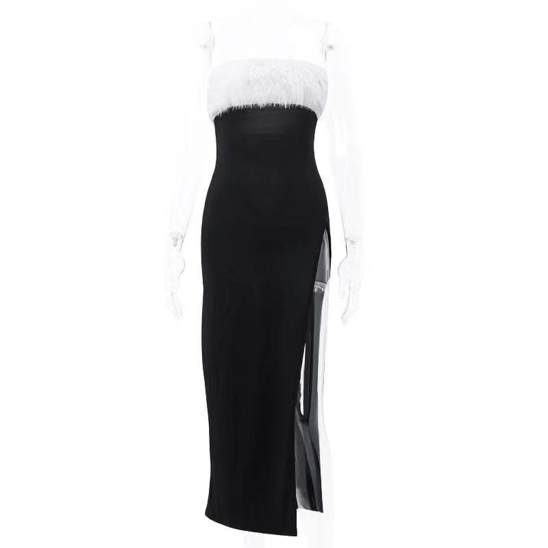 Faux Fur Trim Strapless Tube High Slit Bodycon Midi Dress