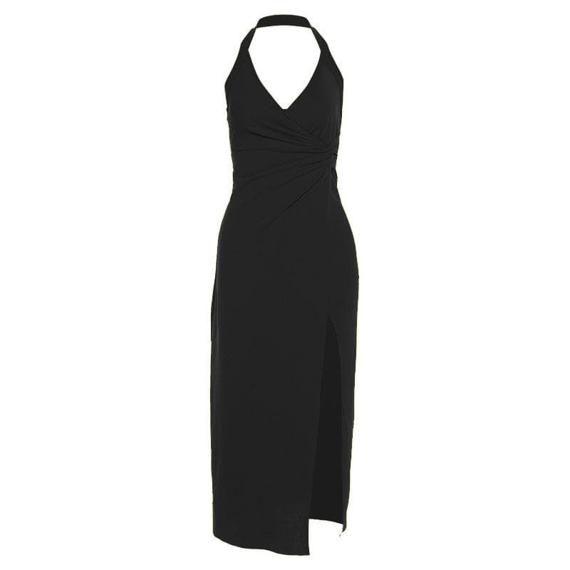 Halter Deep V Ruched Wrap High Side Slit Layered Maxi Dress