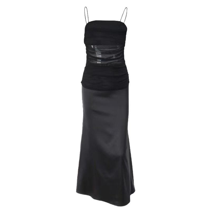 Square Neck Ruched Mesh Satin Panel Maxi Dress