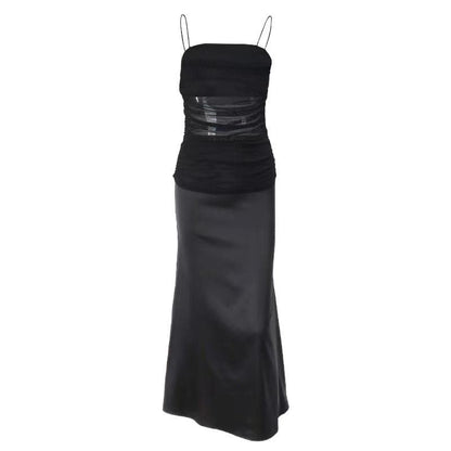 Square Neck Ruched Mesh Satin Panel Maxi Dress