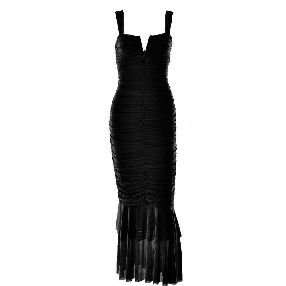 Wide Strap Cutout Bust Ruched Bodice Tiered Mesh Ruffle Hem Maxi Dress