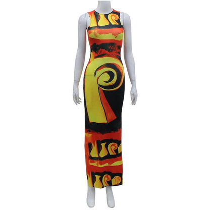 Abstract Spiral Print Crew Neck Tank Bodycon Maxi Dress