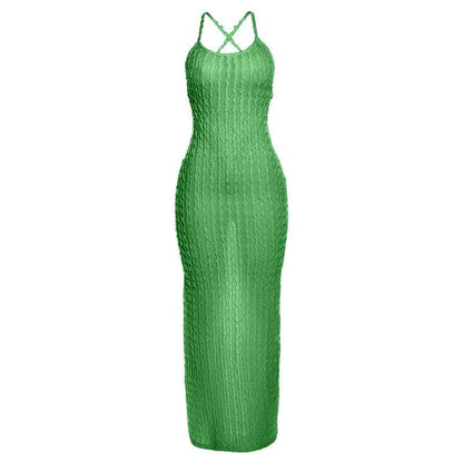Scoop Neck Cross Back Self Tie Textured Maxi Dress