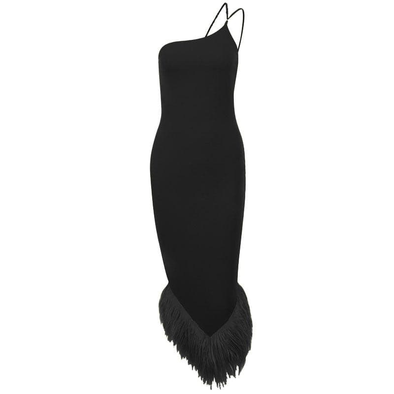 One Shoulder Fringe Trim Asymmetric Hem Bodycon Midi Dress