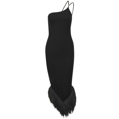 One Shoulder Fringe Trim Asymmetric Hem Bodycon Midi Dress