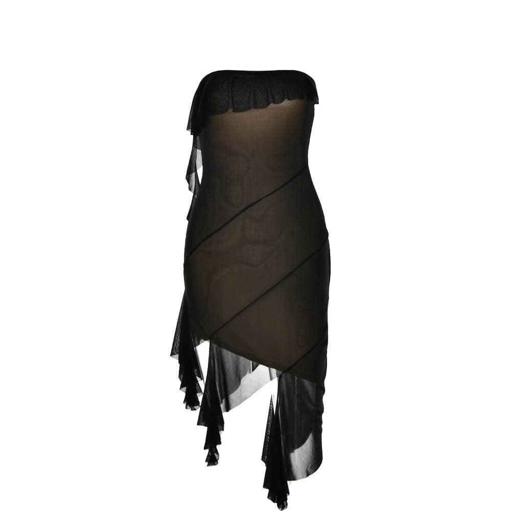 Strapless Mesh Ruffle Asymmetric Backless Mini Dress