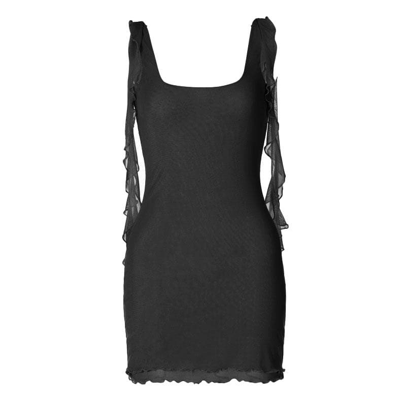 Square Neck Ruffled Strap Sheer Mesh Lettuce Hem Bodycon Mini Dress