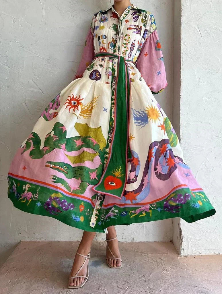 Mystical Print Button Down Belted Bow Puff Sleeve Maxi Shirt Dress