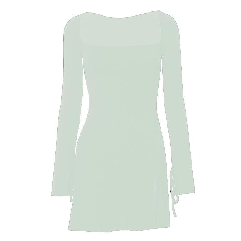 Square Neck Long Sleeve Tie Cuff Front Slit Bodycon Mini Dress