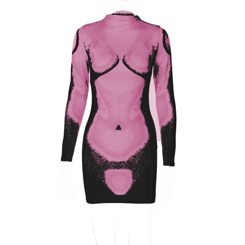 Mock Neck Body Contour Graphic Long Sleeve Mini Dress
