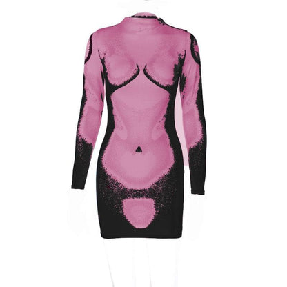 Mock Neck Body Contour Graphic Long Sleeve Mini Dress