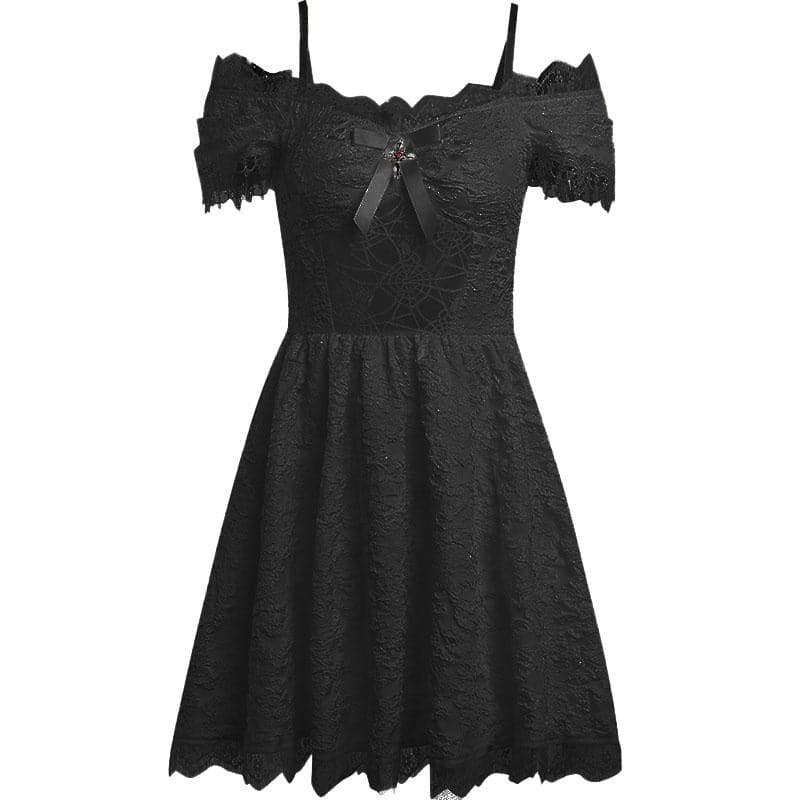 Hollow Out Off Shoulder Short Sleeve Crucifix Applique Bowknot Lace Hem Mini Dress