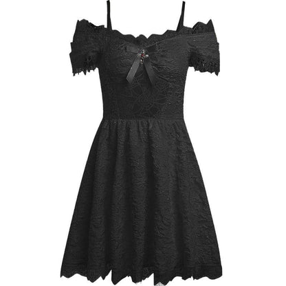 Hollow Out Off Shoulder Short Sleeve Crucifix Applique Bowknot Lace Hem Mini Dress