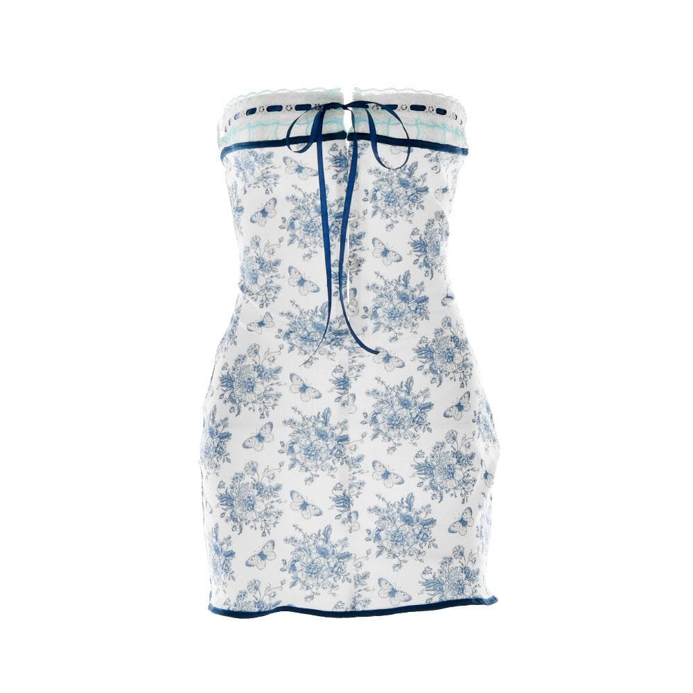 Strapless Lace Trim Bow Tie Butterfly Print Tube Mini Dress