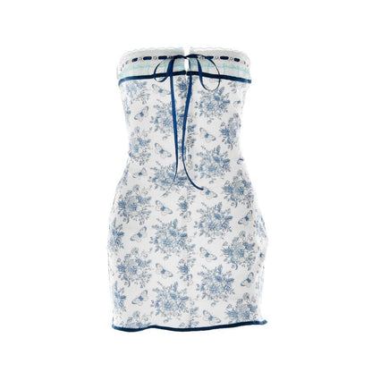 Strapless Lace Trim Bow Tie Butterfly Print Tube Mini Dress