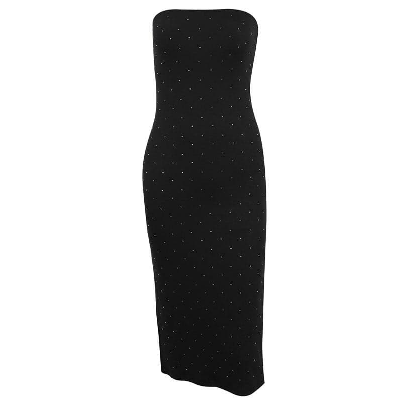 Strapless Rhinestone Studded Tube Side Slit Bodycon Midi Dress