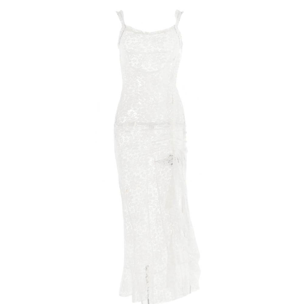 Square Neck Ruffle Trim Sheer Lace High Slit Ruffle Hem Maxi Dress