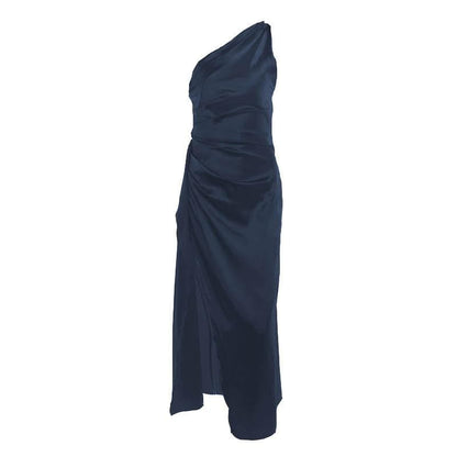 One Shoulder Satin Ruched Drape High Slit Maxi Dress