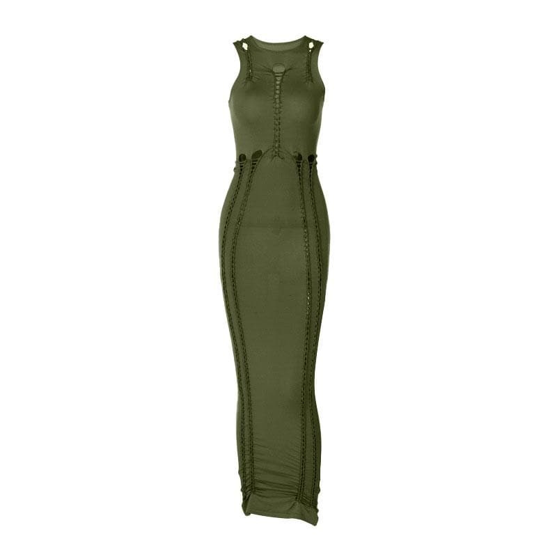 Crewneck Sleeveless Ladder Stitch Cutout Ruched Bodycon Maxi Dress