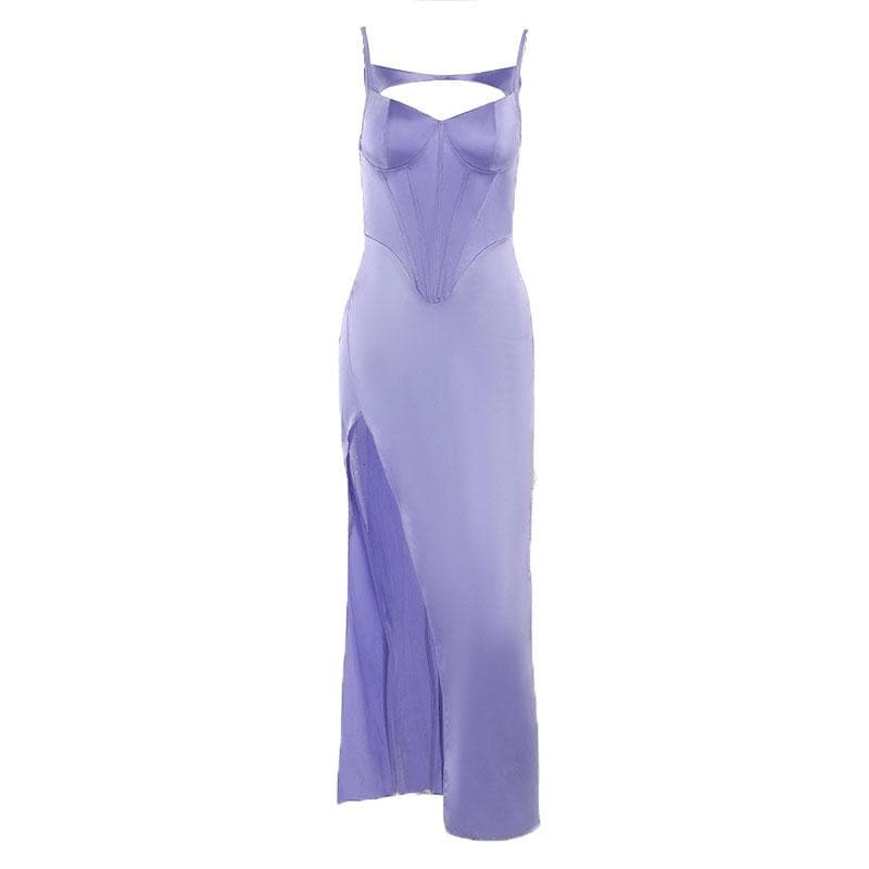 Spaghetti Strap Corset Panel Chest Cutout High Slit Satin Maxi Gown