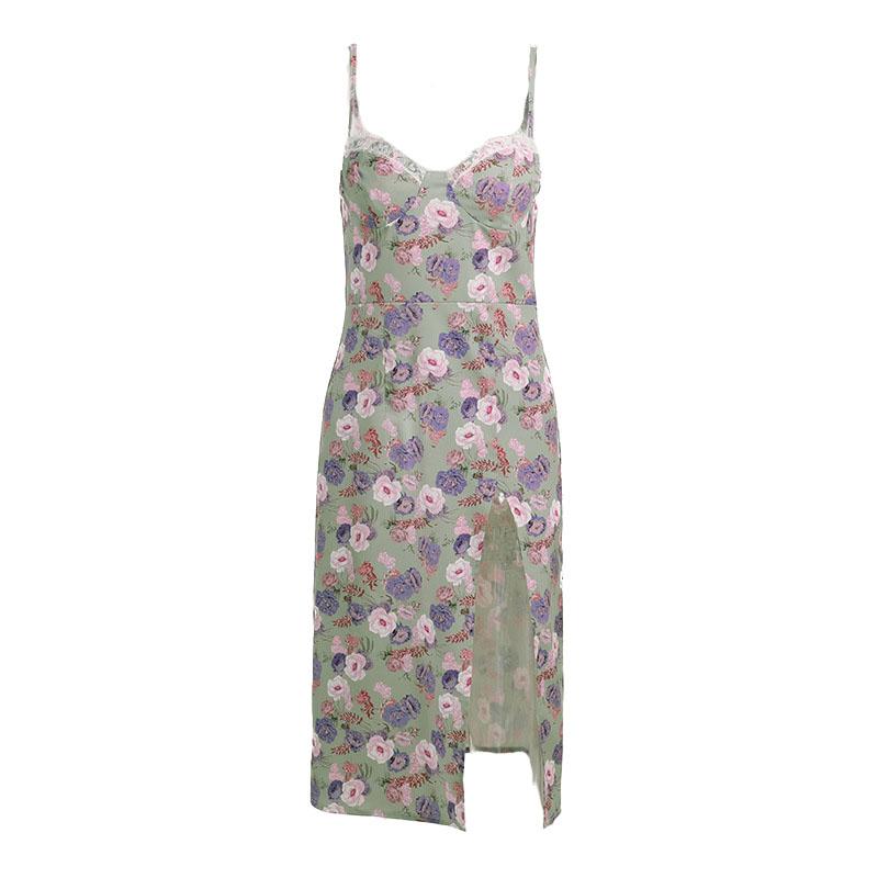 Sweetheart Lace Trim Spaghetti Strap Floral Side Slit Midi Dress