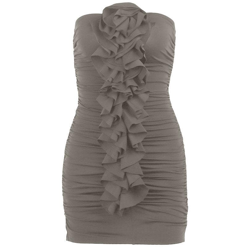 Strapless Rosette Applique Center Ruffle Column Ruched Mini Dress