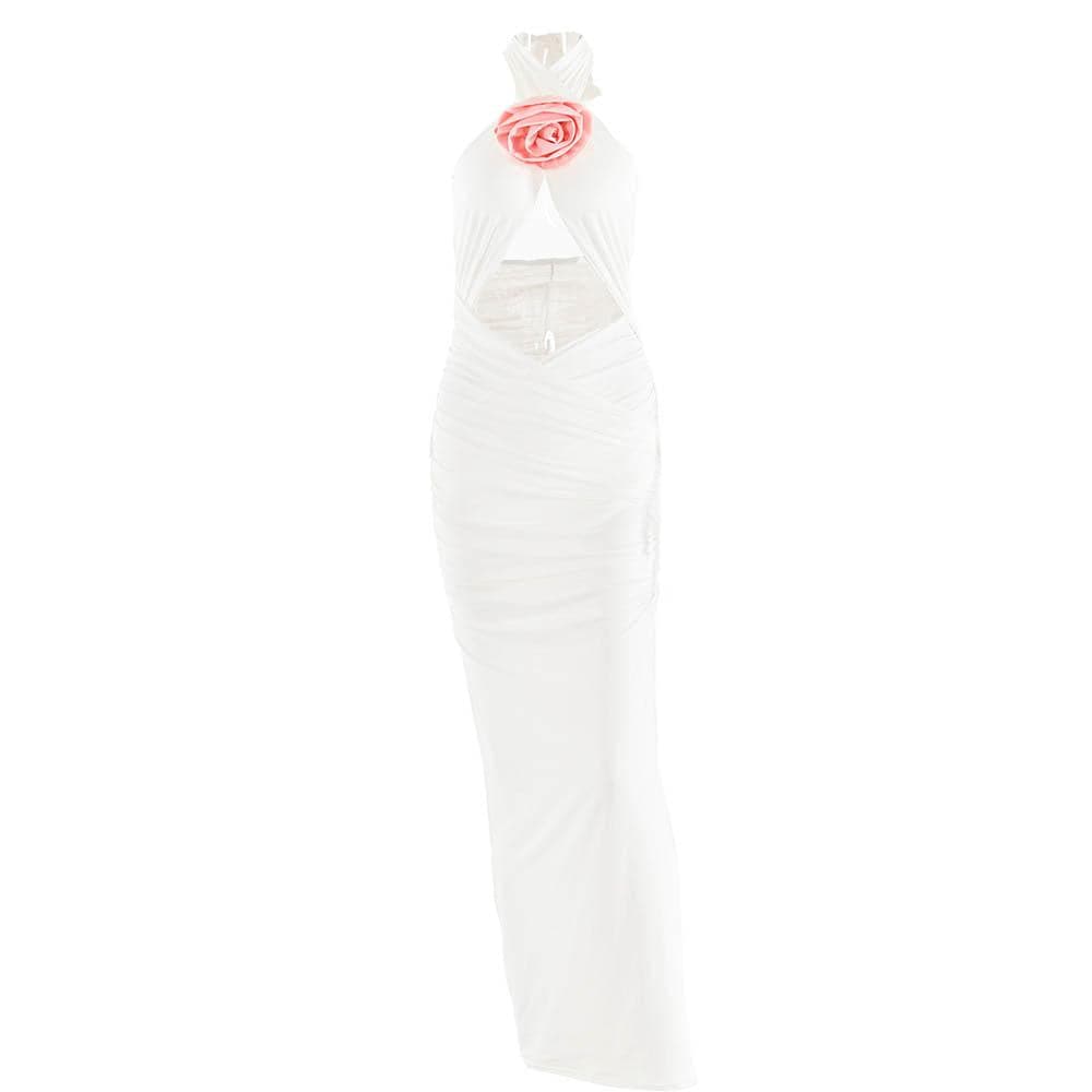 Halter Neck Flower Applique Cutout Cross Front Contrast Ruched Maxi Dress